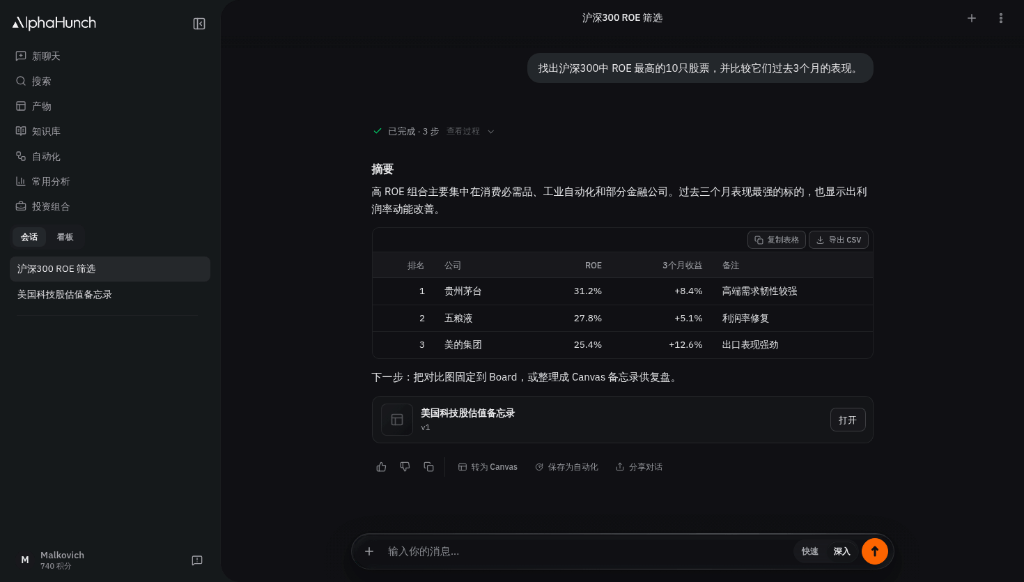 包含分析进度、结果和已保存 Canvas 卡片的完整分析