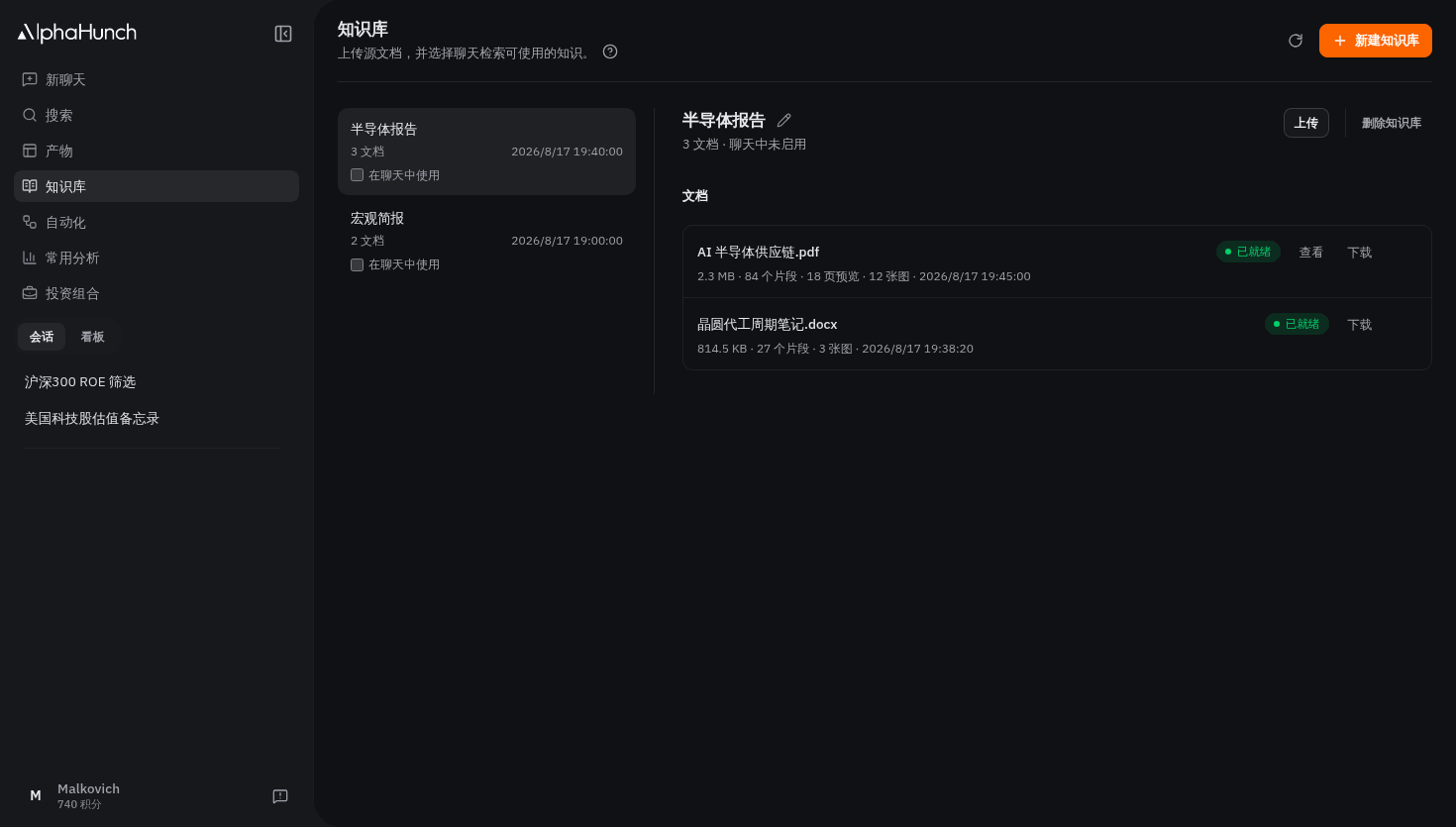 知识库页面：「半导体报告」集合及其中上传的 PDF 和 Word 文档